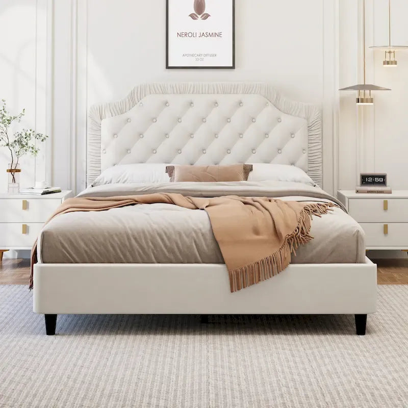 Queen Size Upholstered Bed with Tufted Headboard, Wooden Frame, No Box Spring Needed