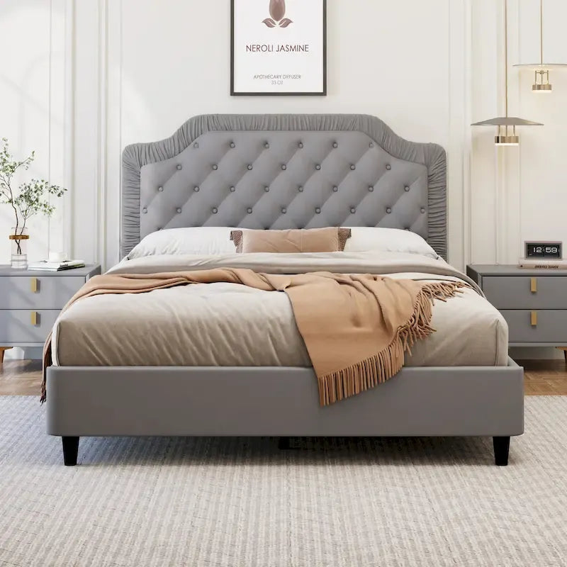 Queen Size Upholstered Bed with Tufted Headboard, Wooden Frame, No Box Spring Needed