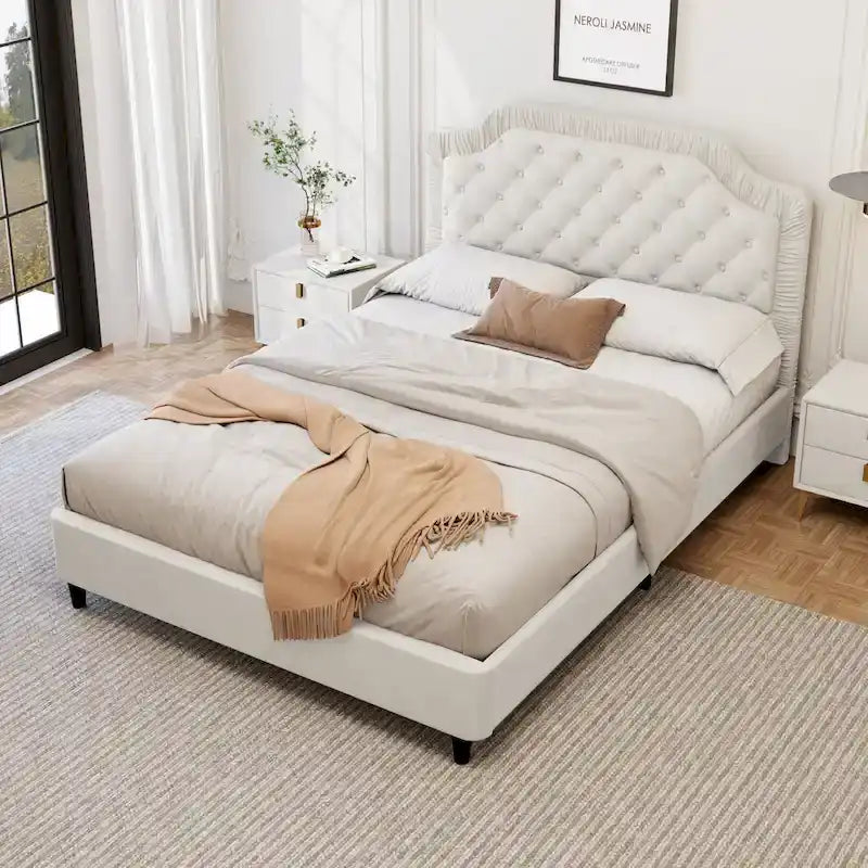 Queen Size Upholstered Bed with Tufted Headboard, Wooden Frame, No Box Spring Needed