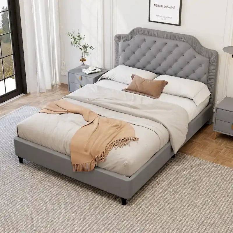 Queen Size Upholstered Bed with Tufted Headboard, Wooden Frame, No Box Spring Needed