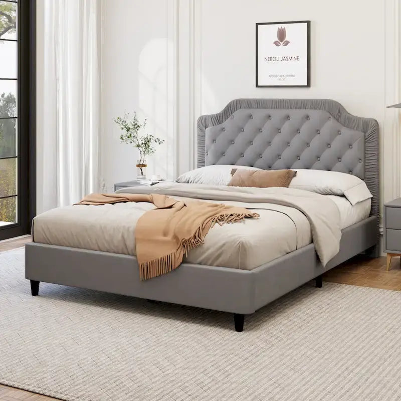 Queen Size Upholstered Bed with Tufted Headboard, Wooden Frame, No Box Spring Needed