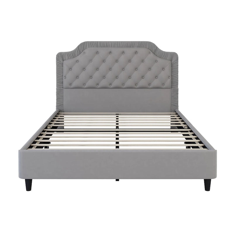 Queen Size Upholstered Bed with Tufted Headboard, Wooden Frame, No Box Spring Needed
