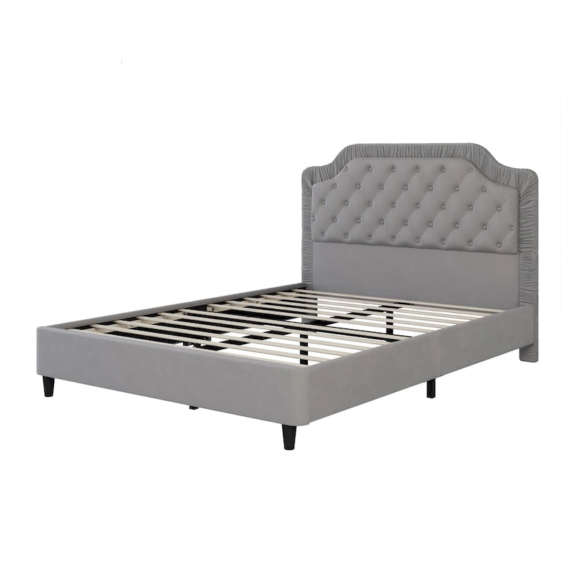 Queen Size Upholstered Bed with Tufted Headboard, Wooden Frame, No Box Spring Needed