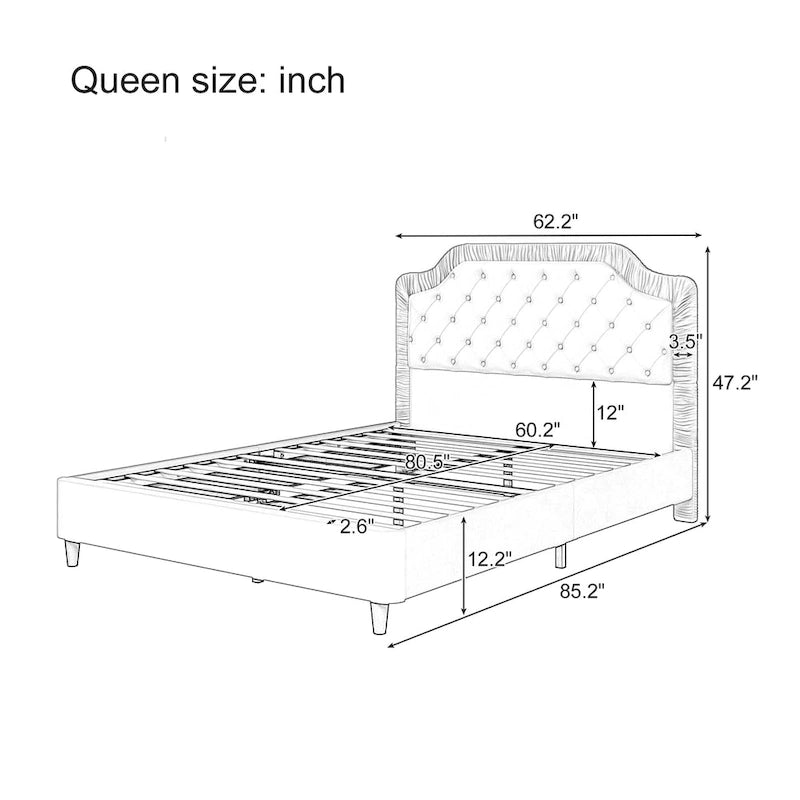 Queen Size Upholstered Bed with Tufted Headboard, Wooden Frame, No Box Spring Needed