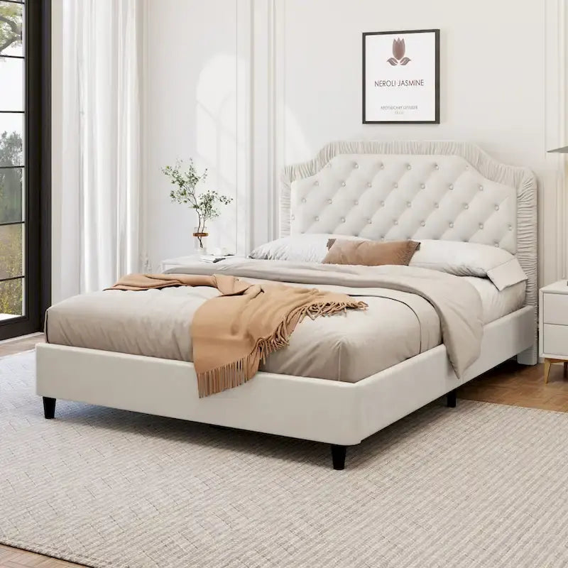 Queen Size Upholstered Bed with Tufted Headboard, Wooden Frame, No Box Spring Needed