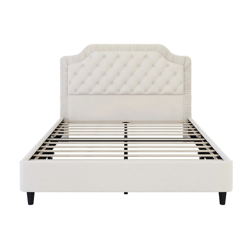 Queen Size Upholstered Bed with Tufted Headboard, Wooden Frame, No Box Spring Needed