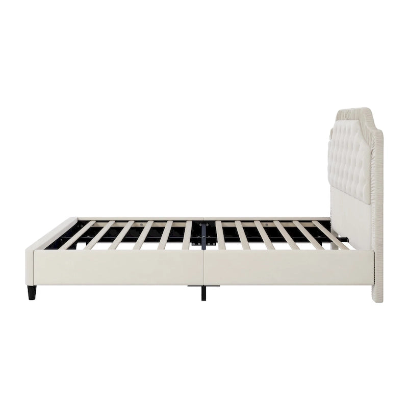 Queen Size Upholstered Bed with Tufted Headboard, Wooden Frame, No Box Spring Needed
