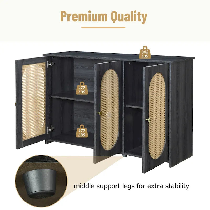 Buffet Cabinet with Artificial Rattan Doors, 3-Door Sideboard Cabinet with Shelves, Coffee Bar Cabinet with Metal Handles