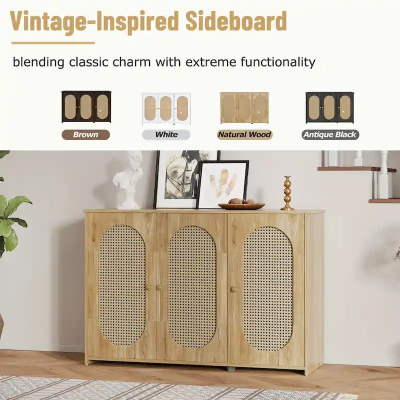 3-Door Sideboard Cabinet with Rattan Doors and Metal Handles