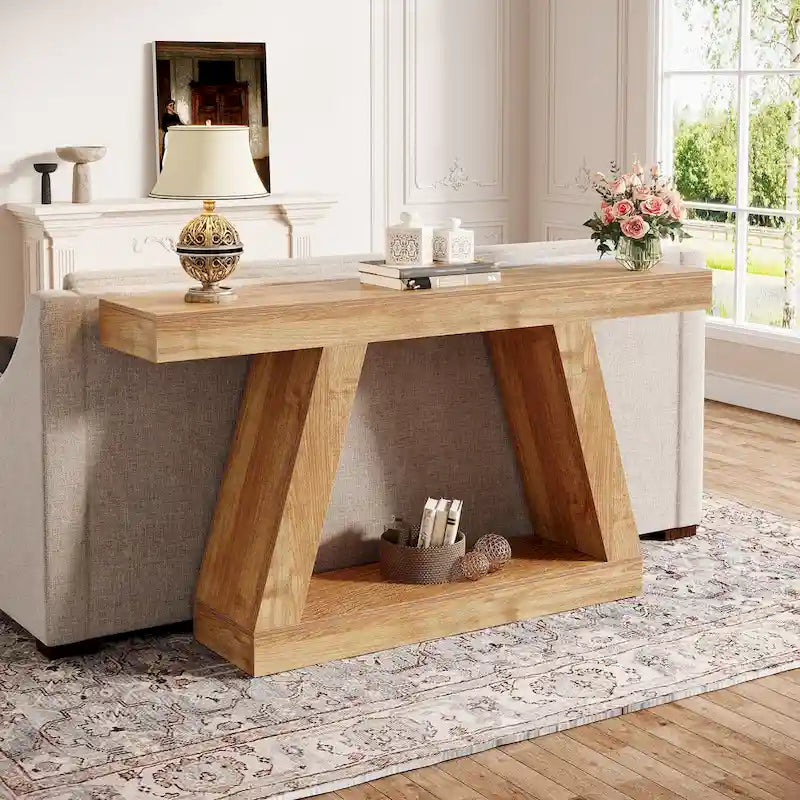 55-Inch Farmhouse Wood Console & Sofa Table with Storage Shelf