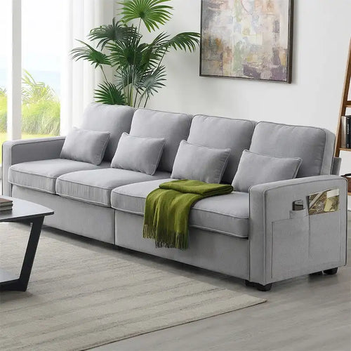 Merax 104 4-Seater Modern Linen Fabric Sofa with Armrest Pockets and 4 Pillows,Minimalist Style Couch