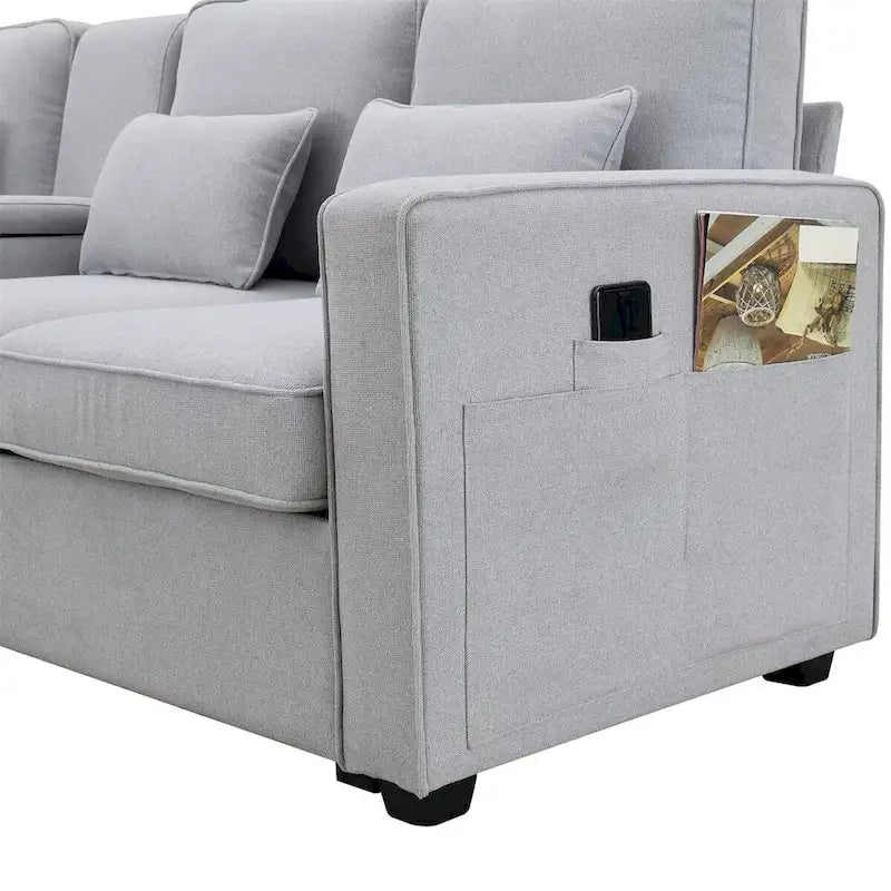 104" 4-Seater Modern Linen Fabric Sofa with Armrest Pockets and 4 Pillows