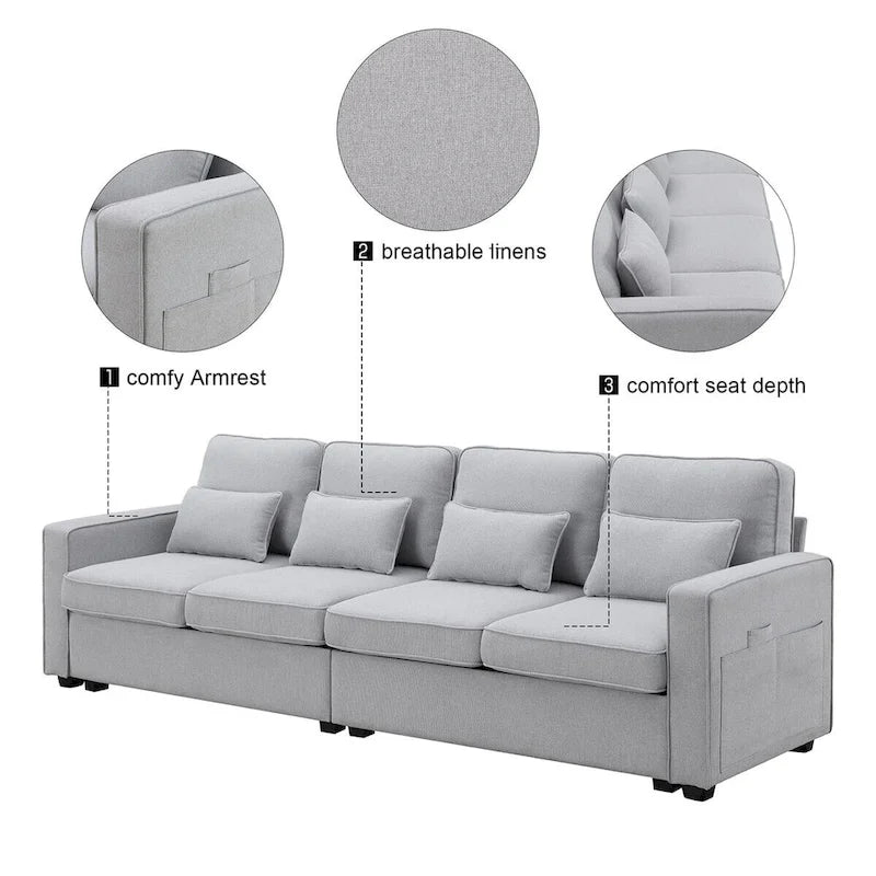 104" 4-Seater Modern Linen Fabric Sofa with Armrest Pockets and 4 Pillows