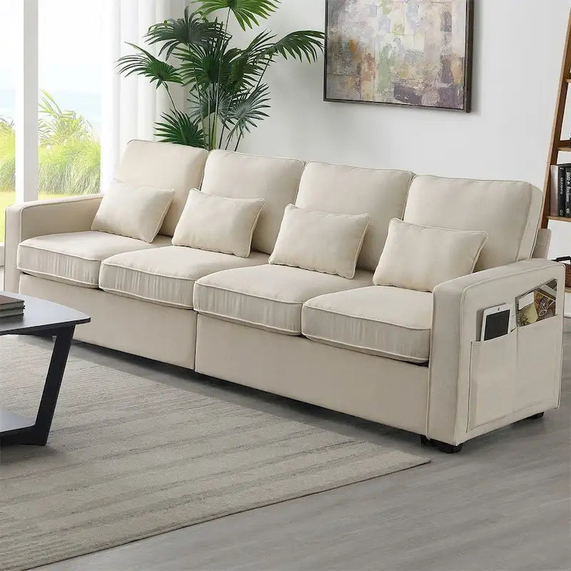 104" 4-Seater Modern Linen Fabric Sofa with Armrest Pockets and 4 Pillows