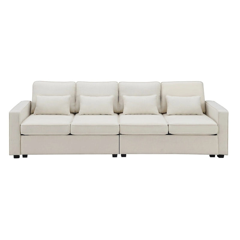 104" 4-Seater Modern Linen Fabric Sofa with Armrest Pockets and 4 Pillows