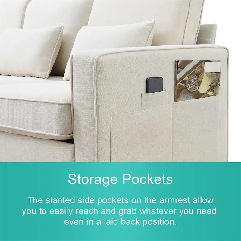 104" 4-Seater Modern Linen Fabric Sofa with Armrest Pockets and 4 Pillows