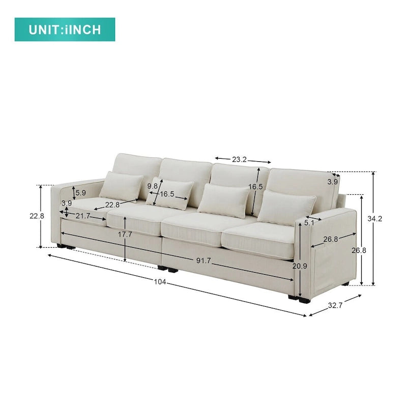 104" 4-Seater Modern Linen Fabric Sofa with Armrest Pockets and 4 Pillows