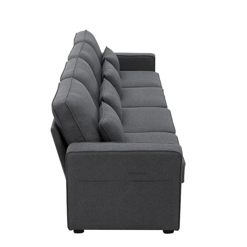104" 4-Seater Modern Linen Fabric Sofa with Armrest Pockets and 4 Pillows
