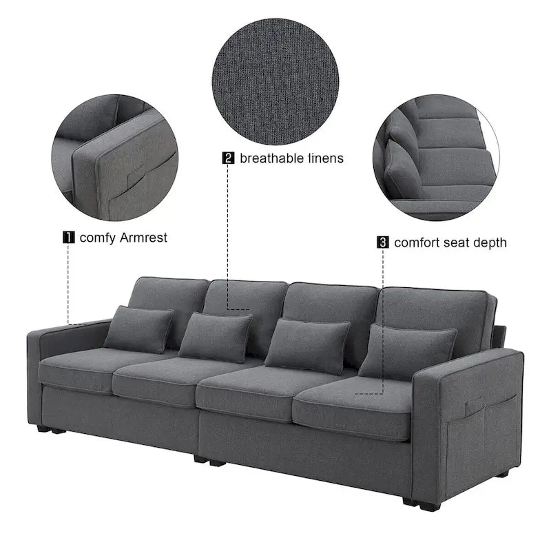 104" 4-Seater Modern Linen Fabric Sofa with Armrest Pockets and 4 Pillows