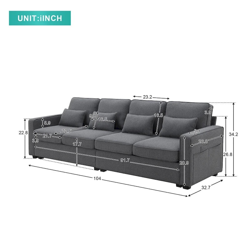 104" 4-Seater Modern Linen Fabric Sofa with Armrest Pockets and 4 Pillows
