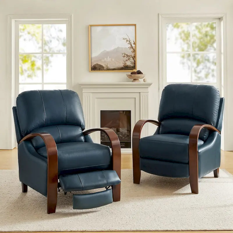 Cigar Genuine Leather Manual Recliner with Wooden Curved Arms, Set of 2