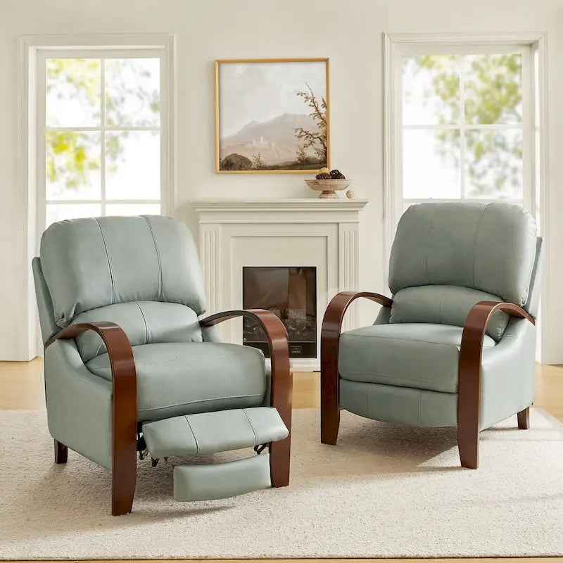 Cigar Genuine Leather Manual Recliner with Wooden Curved Arms, Set of 2
