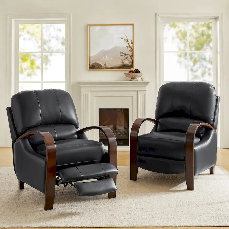 Cigar Genuine Leather Manual Recliner with Wooden Curved Arms, Set of 2