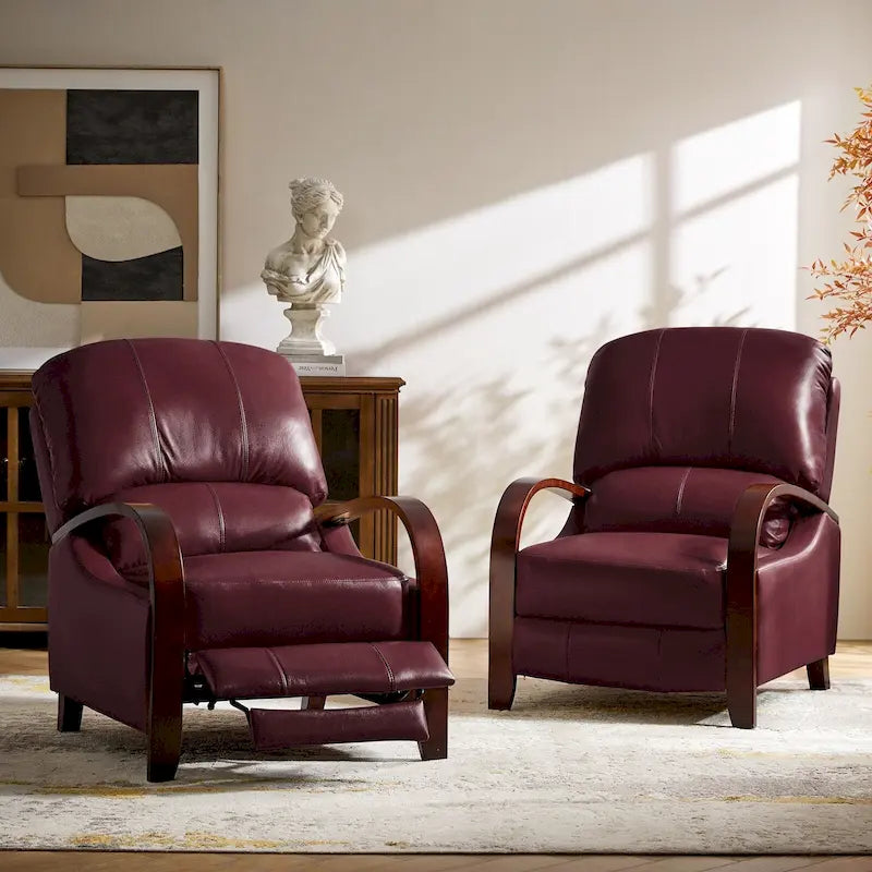 Cigar Genuine Leather Manual Recliner with Wooden Curved Arms, Set of 2