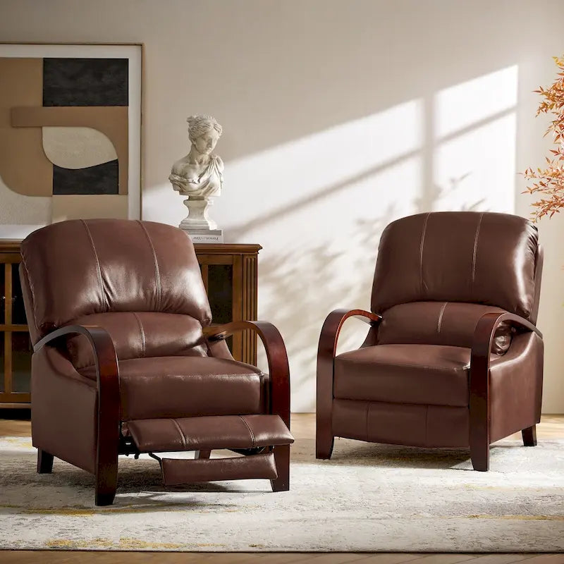 Cigar Genuine Leather Manual Recliner with Wooden Curved Arms, Set of 2