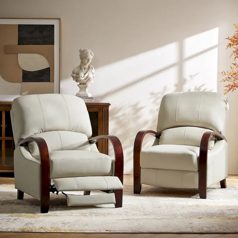 Cigar Genuine Leather Manual Recliner with Wooden Curved Arms, Set of 2