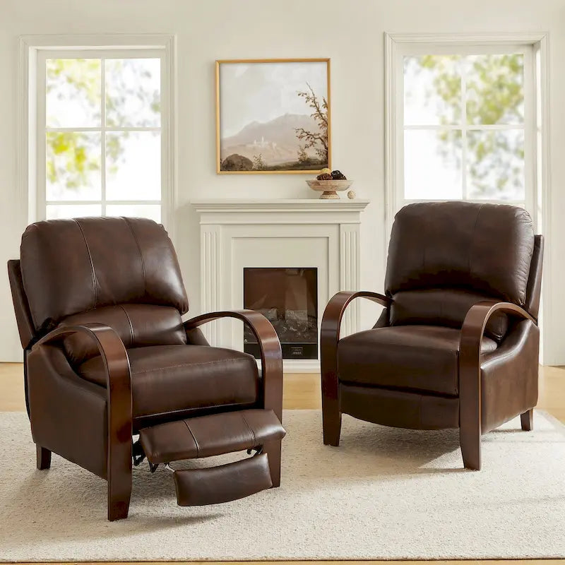 Cigar Genuine Leather Manual Recliner with Wooden Curved Arms, Set of 2