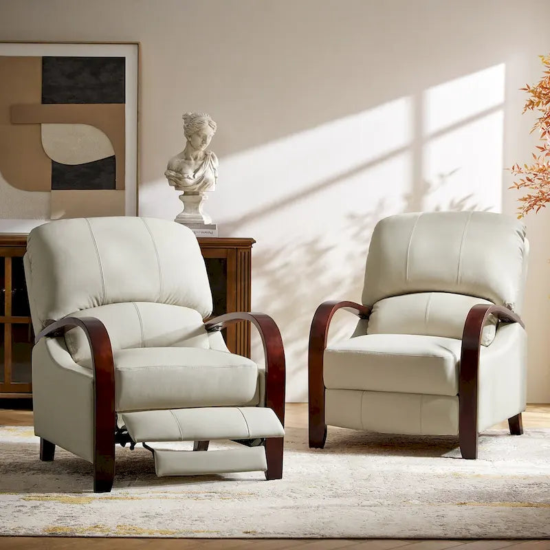 Cigar Genuine Leather Manual Recliner with Wooden Curved Arms, Set of 2