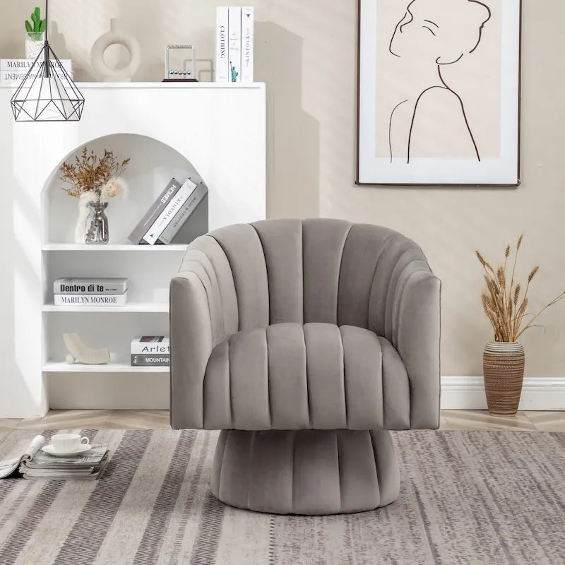 Velvet Upholstered Round Swivel Accent Arm Barrel Chair for Living Room