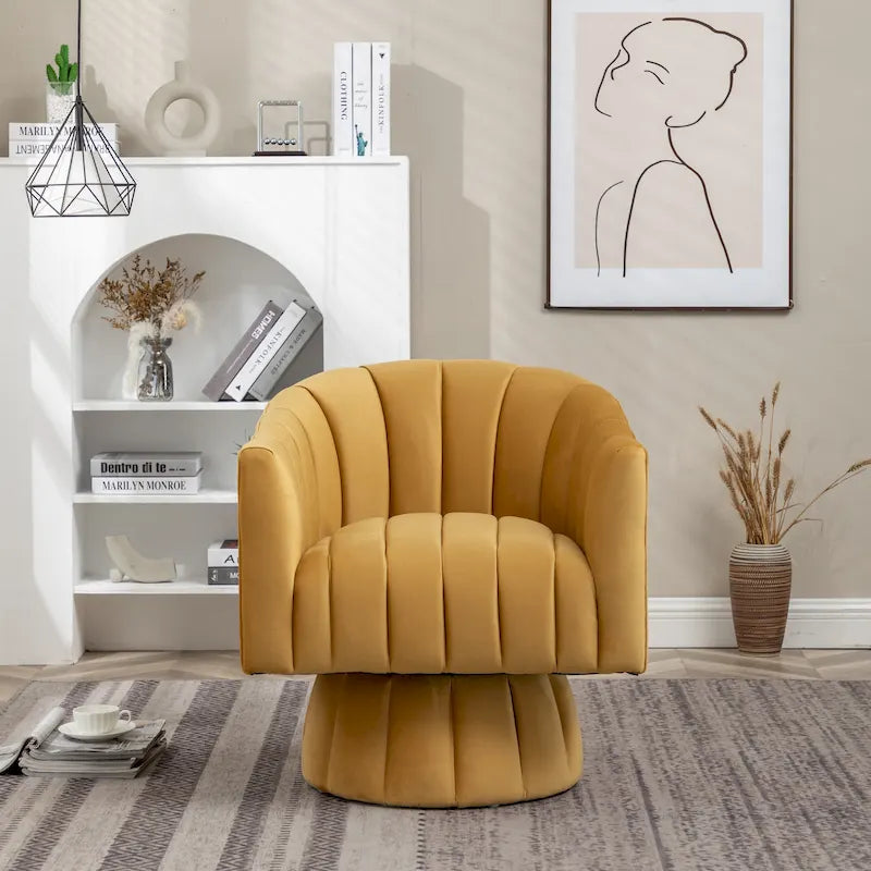 Velvet Upholstered Round Swivel Accent Arm Barrel Chair for Living Room