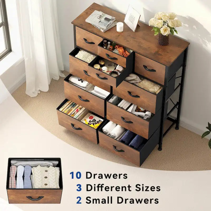 Rustic Wood-grain Dresser with Metal Frame, Wooden Top