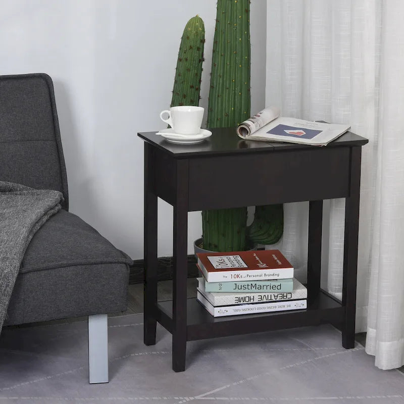 End Side Table with Flip Top, Cabinet & Bottom Shelf