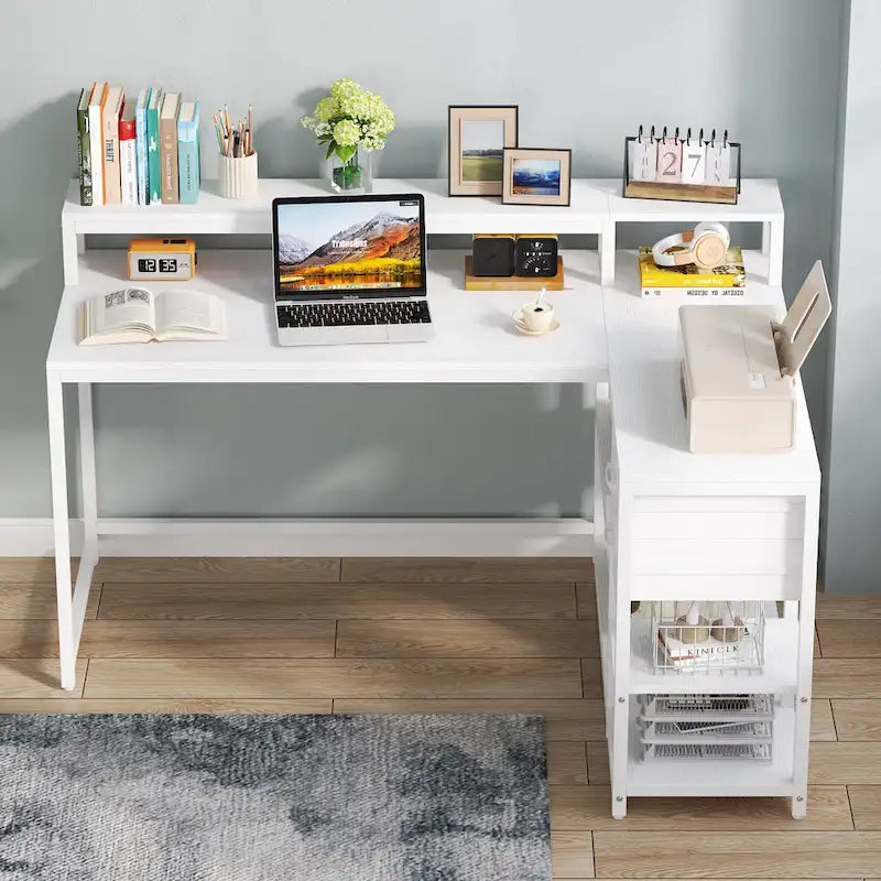 L Shaped Computer Desk with Drawer and Storage Shelf