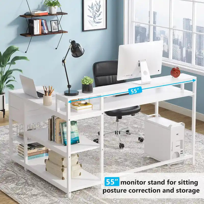 L Shaped Computer Desk with Drawer and Storage Shelf