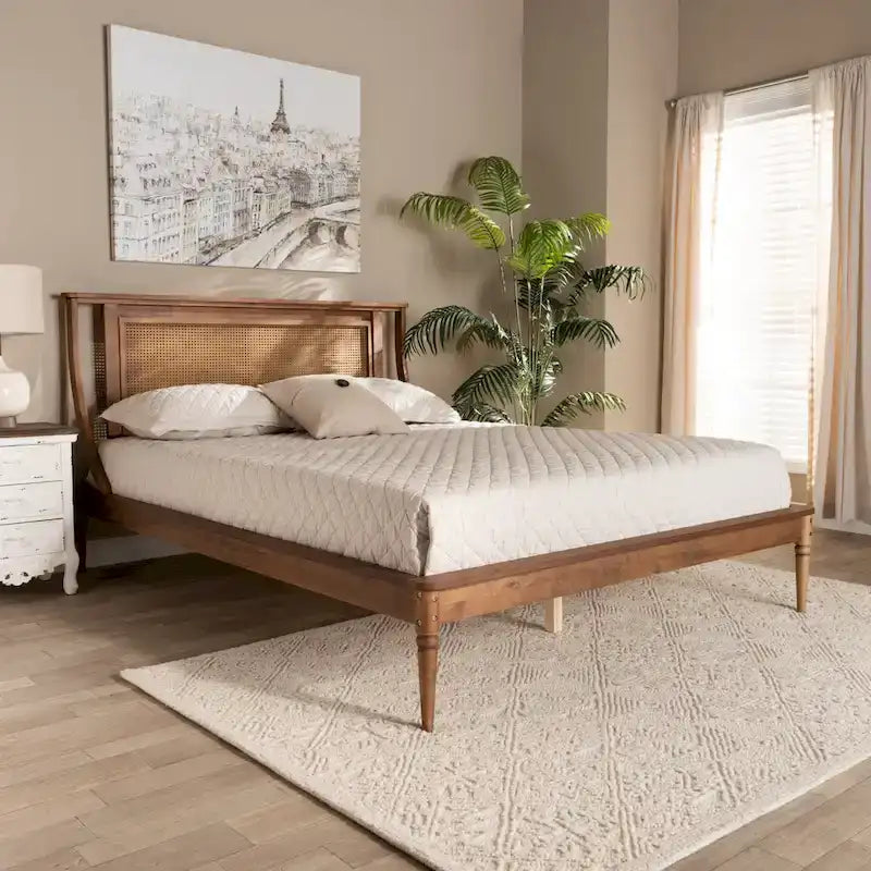 Modernes Plattformbett aus Synthetik-Rattan - Walnussbraun