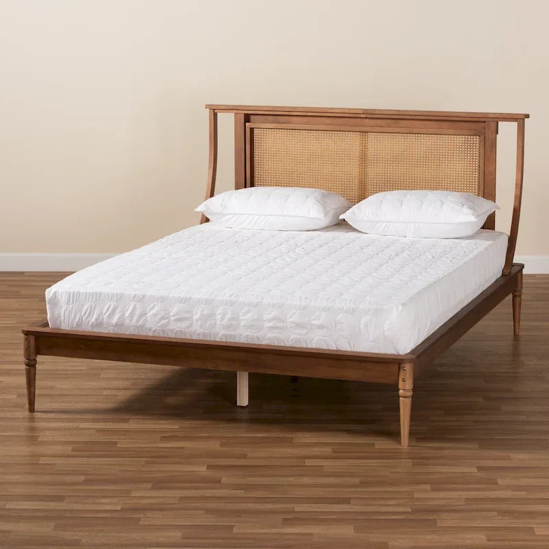 Modernes Plattformbett aus Synthetik-Rattan - Walnussbraun