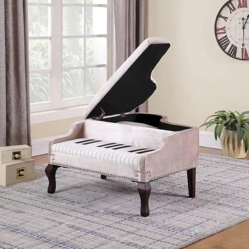 21 In. Beige Upholstered Nailhead Living Room Ottoman