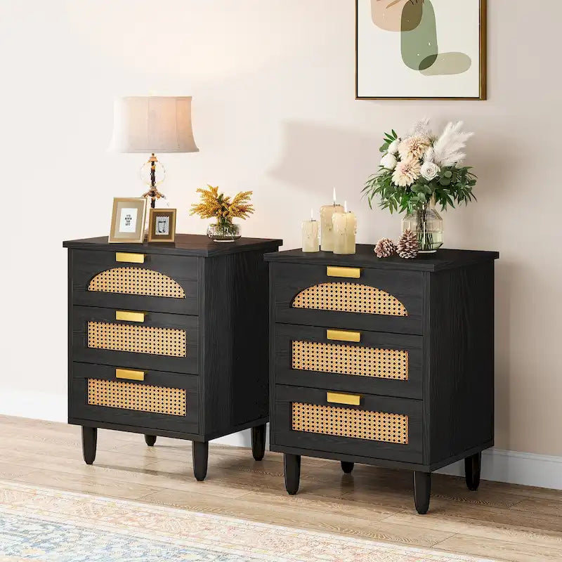 3-Drawer Wood Bedside Table Storage Cabinet for Bedroom, Green