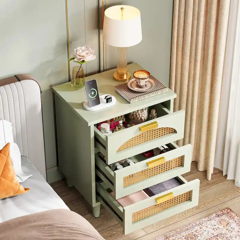 3-Drawer Wood Bedside Table Storage Cabinet for Bedroom, Green