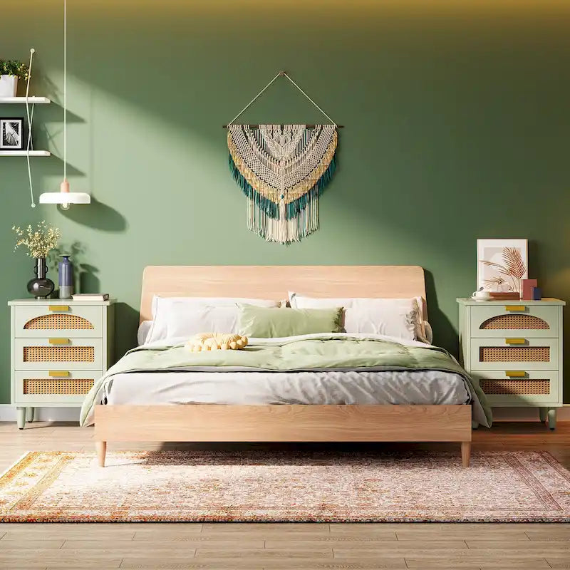 Comodino in legno con 3 cassetti e vano contenitore per camera da letto, verde
