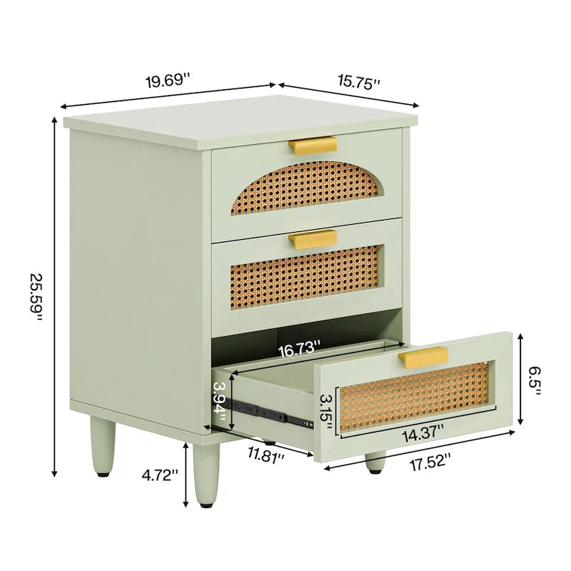 Comodino in legno con 3 cassetti e vano contenitore per camera da letto, verde