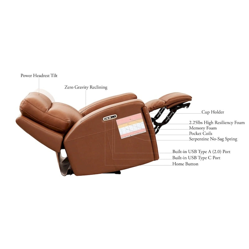Zero Gravity Power Recline and Headrest Top Grain Leather Recliner with Cup Holder