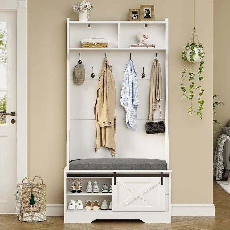 Hall Tree With Bench And Shoe Storage Coat Rack