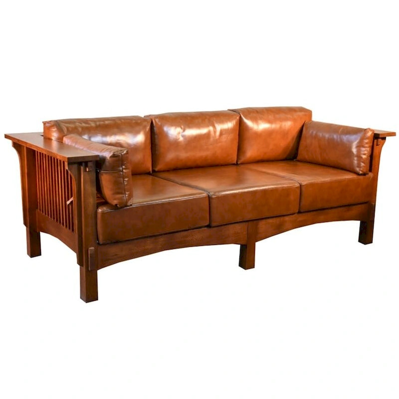 Mission Crofter Style Sofa - Solid Quarter Sawn White Oak And Leather Cushions - Russet