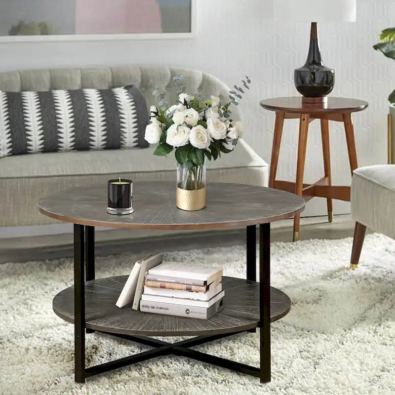 Round Coffee Table with 2-Tier Storage