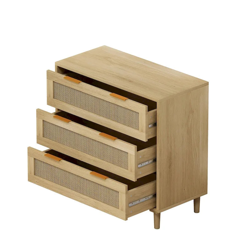Oak 3-Drawer Rattan Storage Cabinet